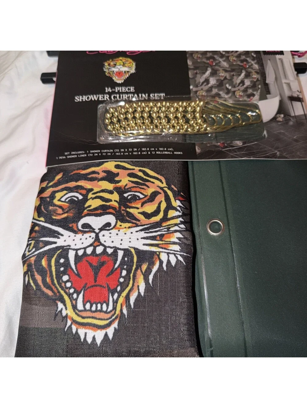 New ED HARDY  14-Piece Shower Curtain Set Tiger Camo Dice American Tattoo Art